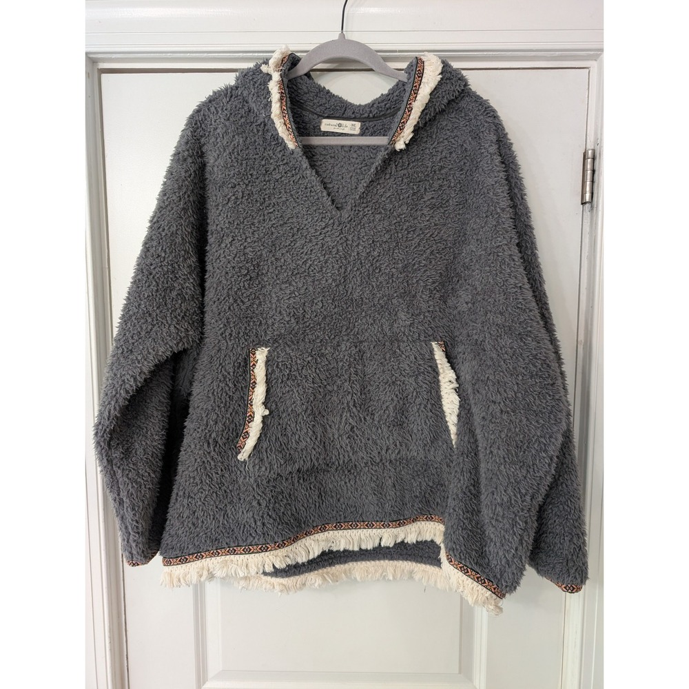 Natural Life Gray Sherpa Blanket Hoodie Boho Fringe Embroidered Trim One Size OS